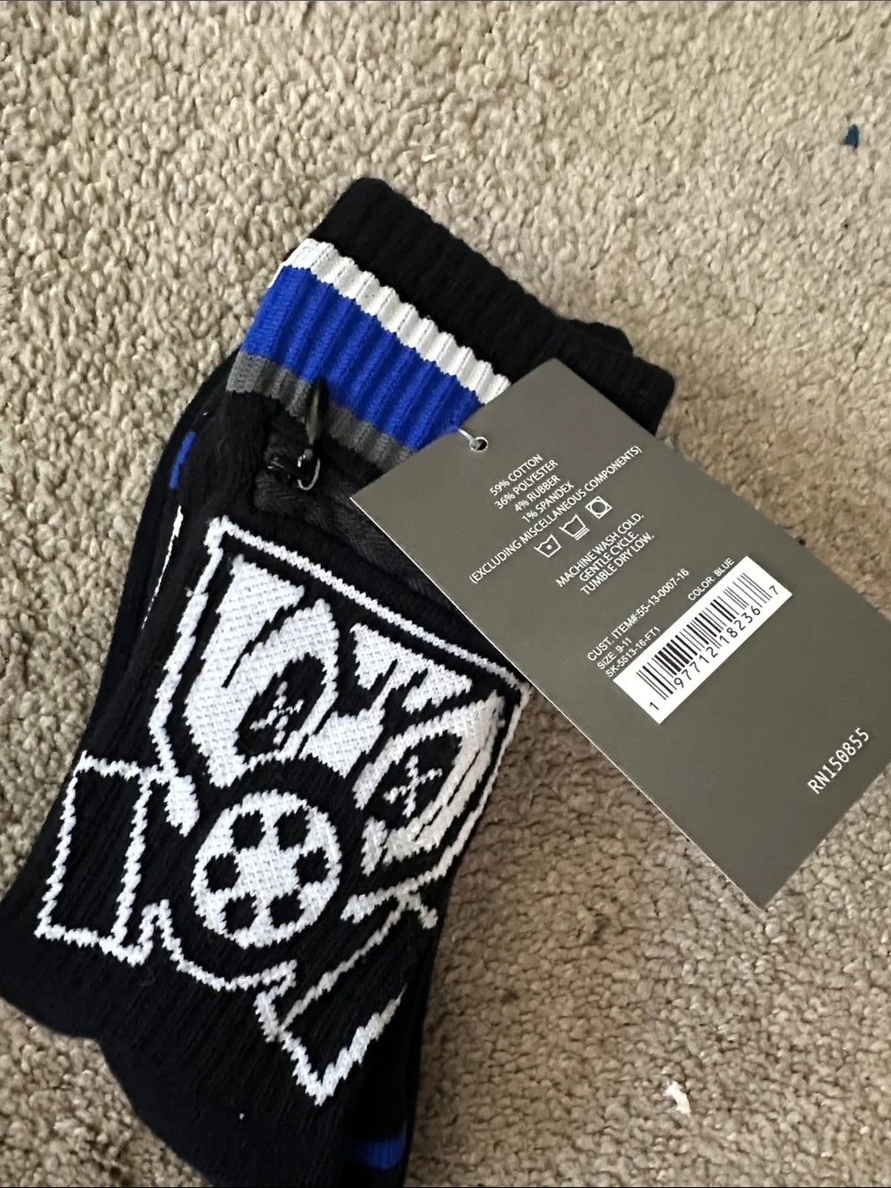 (3) Pack- Fort Troff Black & Blue Men's Crew Socks w/zipper pockets